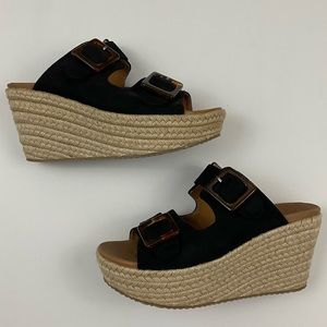 SKECHERS Black Microsuede Wedges with Tortoise Shell Buckles